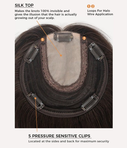 6"x6" Dark Brown Silk Top Human Hair Topper with Bangs for Thinning Hair