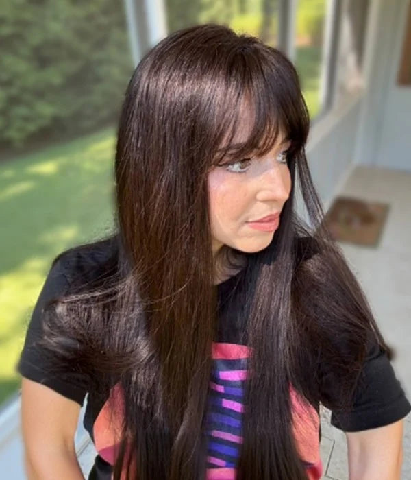 6"x6" Dark Brown Silk Top Human Hair Topper with Bangs for Thinning Hair